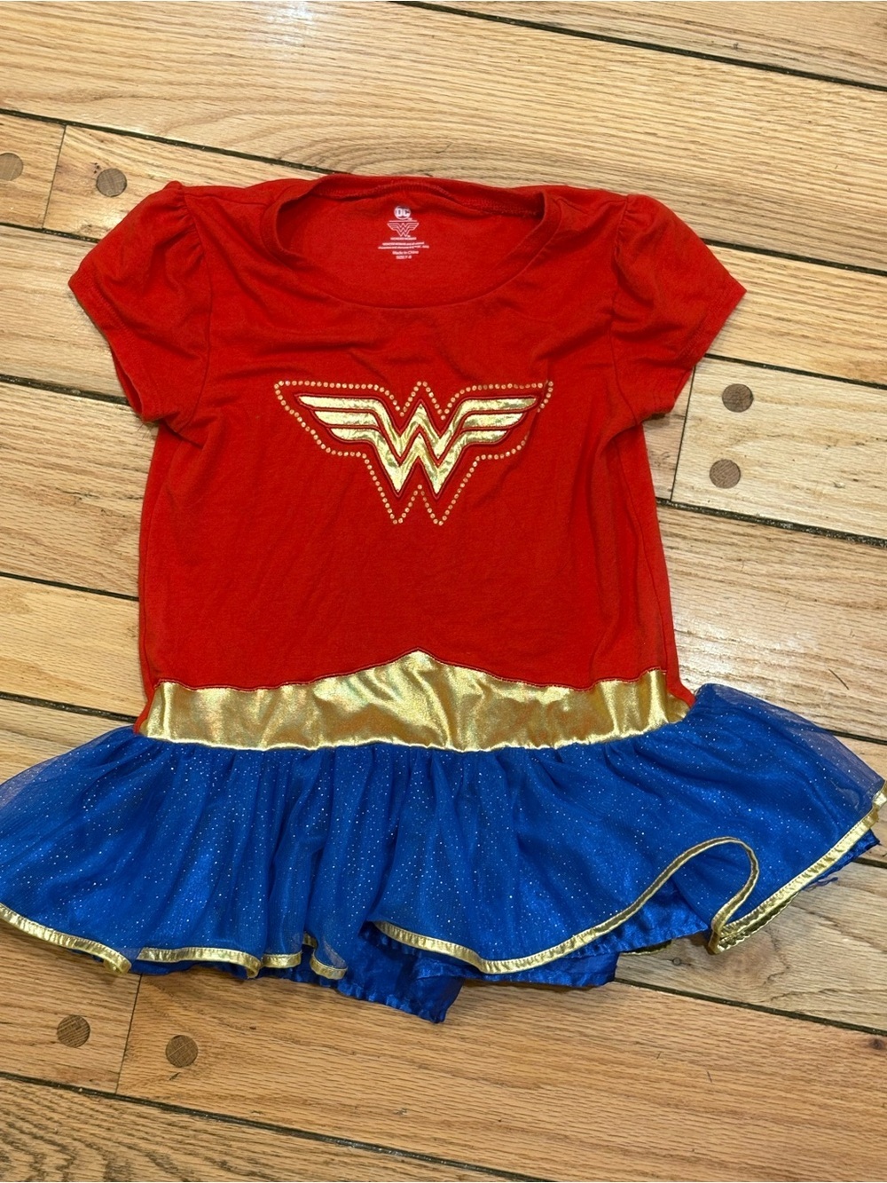 DC Girls Red and Blue Wonder-Inspired Costume Dress with Gold Accents size 7/8